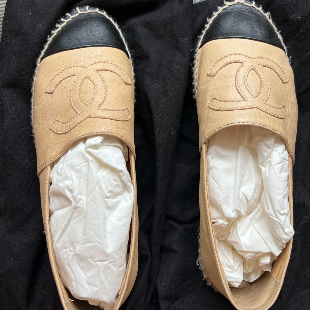 Authentic Nude and black toe Chanel espadrilles